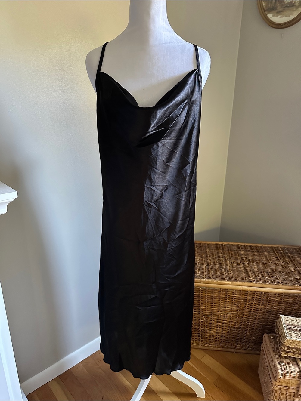 Bebe Black Satin Midi Slip Dress Cowl Neck Y2K Style, Sz XL